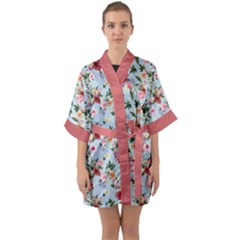 Boho Flower Light Blue Half Sleeve Satin Kimono  by flowerland