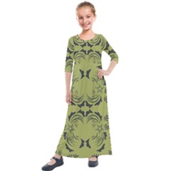 Floral Folk Damask Pattern Fantasy Flowers  Kids  Quarter Sleeve Maxi Dress by Eskimos