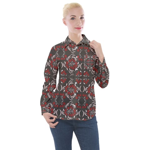 Floral Folk Damask Pattern Fantasy Flowers Floral Geometric Fantasy Women s Long Sleeve Pocket Shirt by Eskimos