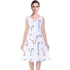 Christmas Candy Canes V-neck Midi Sleeveless Dress  by SychEva