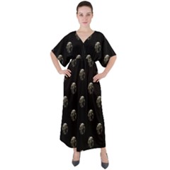 Creepy Head Sculpture With Respirator Motif Pattern V-neck Boho Style Maxi Dress by dflcprintsclothing