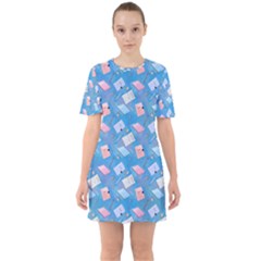 Notepads Pens And Pencils Sixties Short Sleeve Mini Dress by SychEva