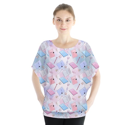 Notepads Pens And Pencils Batwing Chiffon Blouse by SychEva