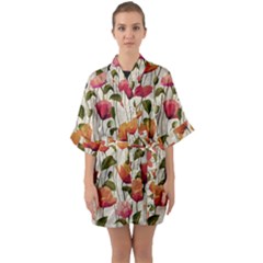 Floral Pattern Half Sleeve Satin Kimono  by Valentinaart