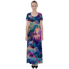 Colorful Mountains High Waist Short Sleeve Maxi Dress by Dazzleway