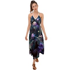 Dark Floral Halter Tie Back Dress  by Dazzleway