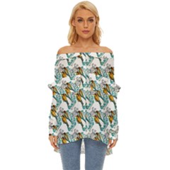 Nature Birds Off Shoulder Chiffon Pocket Shirt by Sparkle