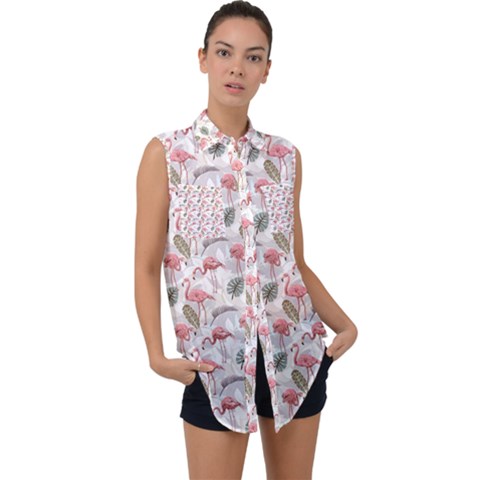 Flamingos Sleeveless Chiffon Button Shirt by Sparkle