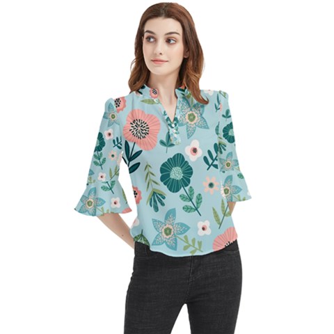 Flower Loose Horn Sleeve Chiffon Blouse by zappwaits