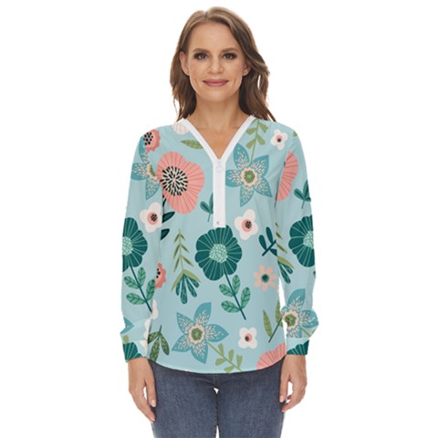 Flower Zip Up Long Sleeve Blouse by zappwaits