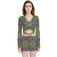 Retro And Tropical Paradise Artwork Velvet Wrap Crop Top And Shorts Set by pepitasart