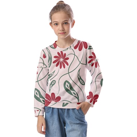  Folk Flowers Floral Art Print Flowers Abstract Art  Kids  Long Sleeve Tee With Frill  by Eskimos