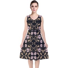 Folk Flowers Print Floral Pattern Ethnic Art V-neck Midi Sleeveless Dress  by Eskimos