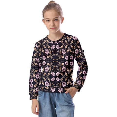 Folk Flowers Print Floral Pattern Ethnic Art Kids  Long Sleeve Tee With Frill  by Eskimos