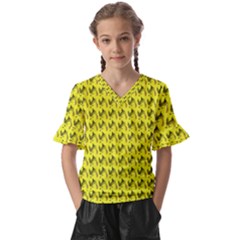 Fern Pattern 2 Yellow Kids  V-neck Horn Sleeve Blouse by violetheavensky