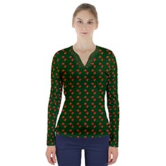 Kawaii Pumpkin Patt Green V-neck Long Sleeve Top by violetheavensky