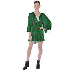 Forest Tulips Groowing To Reach The Divine Sky Pop-culture V-neck Flare Sleeve Mini Dress by pepitasart