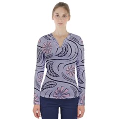 Folk Flowers Print Floral Pattern Ethnic Art V-neck Long Sleeve Top by Eskimos