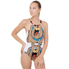 Bulldog-cartoon-illustration-11650862 High Neck One Piece Swimsuit by jellybeansanddinosaurs