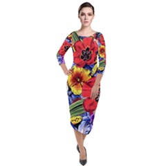 Flower Pattern Quarter Sleeve Midi Velour Bodycon Dress by CoshaArt