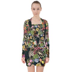 Tropical Pattern V-neck Bodycon Long Sleeve Dress by CoshaArt