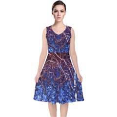 Autumn Fractal Forest Background V-neck Midi Sleeveless Dress  by Amaryn4rt