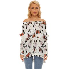 Butterfly Off Shoulder Chiffon Pocket Shirt by Sparkle