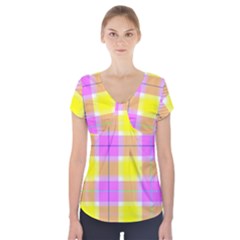 Pink Tartan-8 Short Sleeve Front Detail Top by tartantotartanspink2