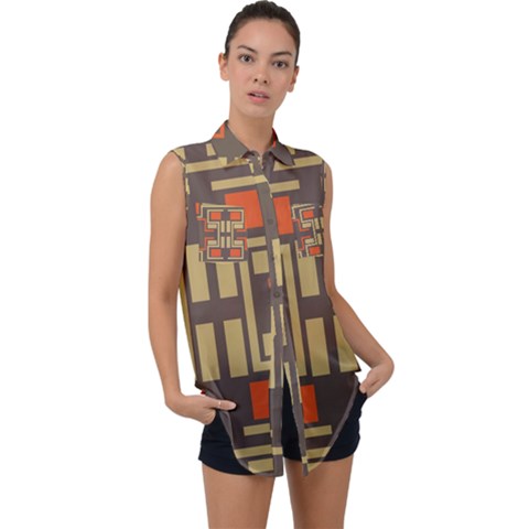 Abstract Geometric Design    Sleeveless Chiffon Button Shirt by Eskimos