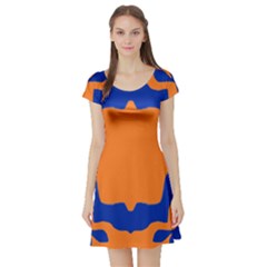 Blue Doodles On Orange Short Sleeve Skater Dress by FunDressesShop