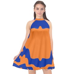 Blue Doodles On Orange Halter Neckline Chiffon Dress  by FunDressesShop