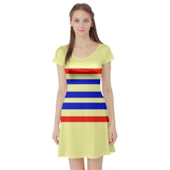 Blue And Red Stripes Yellow Short Sleeve Skater Dress by FunDressesShop