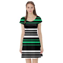 Green And White Black Stripes Short Sleeve Skater Dress by FunDressesShop