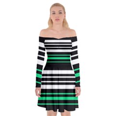 Green And White Black Stripes Off Shoulder Skater Dress by FunDressesShop