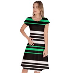 Green And White Black Stripes Classic Short Sleeve Dress by FunDressesShop