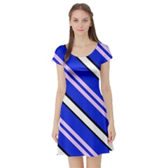 Diagonal Stripes On Blue Short Sleeve Skater Dress by FunDressesShop