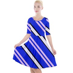 Diagonal Stripes On Blue Quarter Sleeve A-line Dress by FunDressesShop