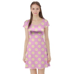 Cream Dots On Purple Short Sleeve Skater Dress by FunDressesShop