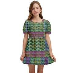 Paris Words Motif Colorful Pattern Kids  Short Sleeve Dolly Dress by dflcprintsclothing