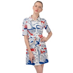 Nautical Cats Seamless Pattern Belted Shirt Dress by Jancukart