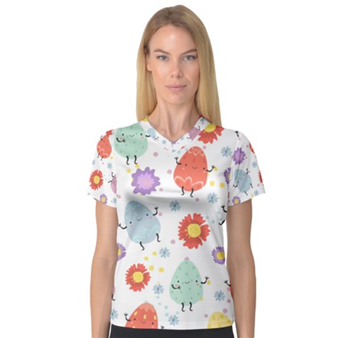 Easter Seamless Pattern With Cute Eggs Flowers V-neck Sport Mesh Tee by Jancukart