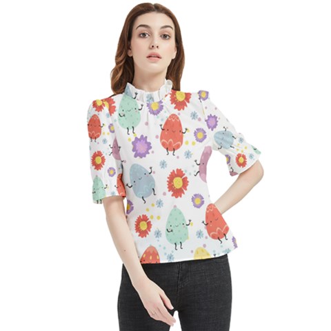 Easter Seamless Pattern With Cute Eggs Flowers Frill Neck Blouse by Jancukart