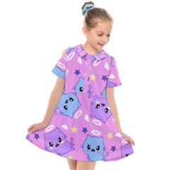 Seamless Pattern With Cute Kawaii Kittens Kids  Short Sleeve Shirt Dress by Jancukart