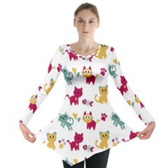 Pattern With Cute Cats Long Sleeve Tunic  by Jancukart