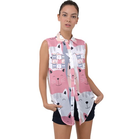 Cute Seamless Pattern With Cats Sleeveless Chiffon Button Shirt by Jancukart