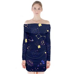 Cartoon-space-seamless-pattern-vectors Long Sleeve Off Shoulder Dress by Jancukart