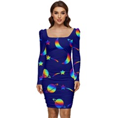 Space-pattern Colourful Women Long Sleeve Ruched Stretch Jersey Dress by Jancukart