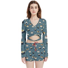 Sushi Pattern Velvet Wrap Crop Top And Shorts Set by Jancukart