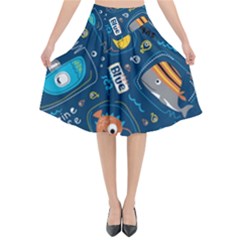 Seamless-pattern-vector-submarine-with-sea-animals-cartoon Flared Midi Skirt by Jancukart