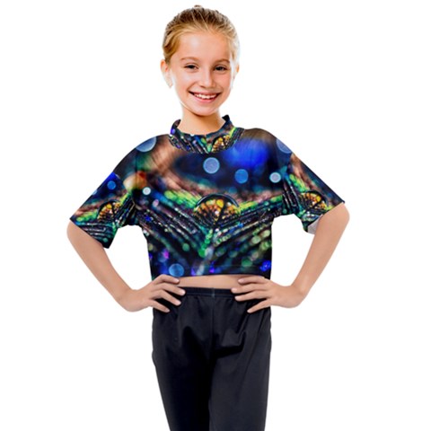 Peacock Feather Drop Kids Mock Neck Tee by artworkshop